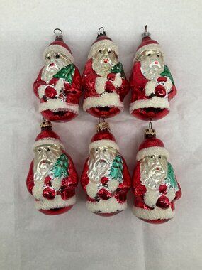 Lot of 6 Vintage Blown-Glass 3.5" Santa Figural Ornaments with Christmas Tree